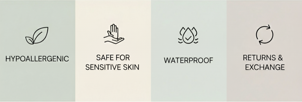 Set of icons and text indicating product features on a gradient background