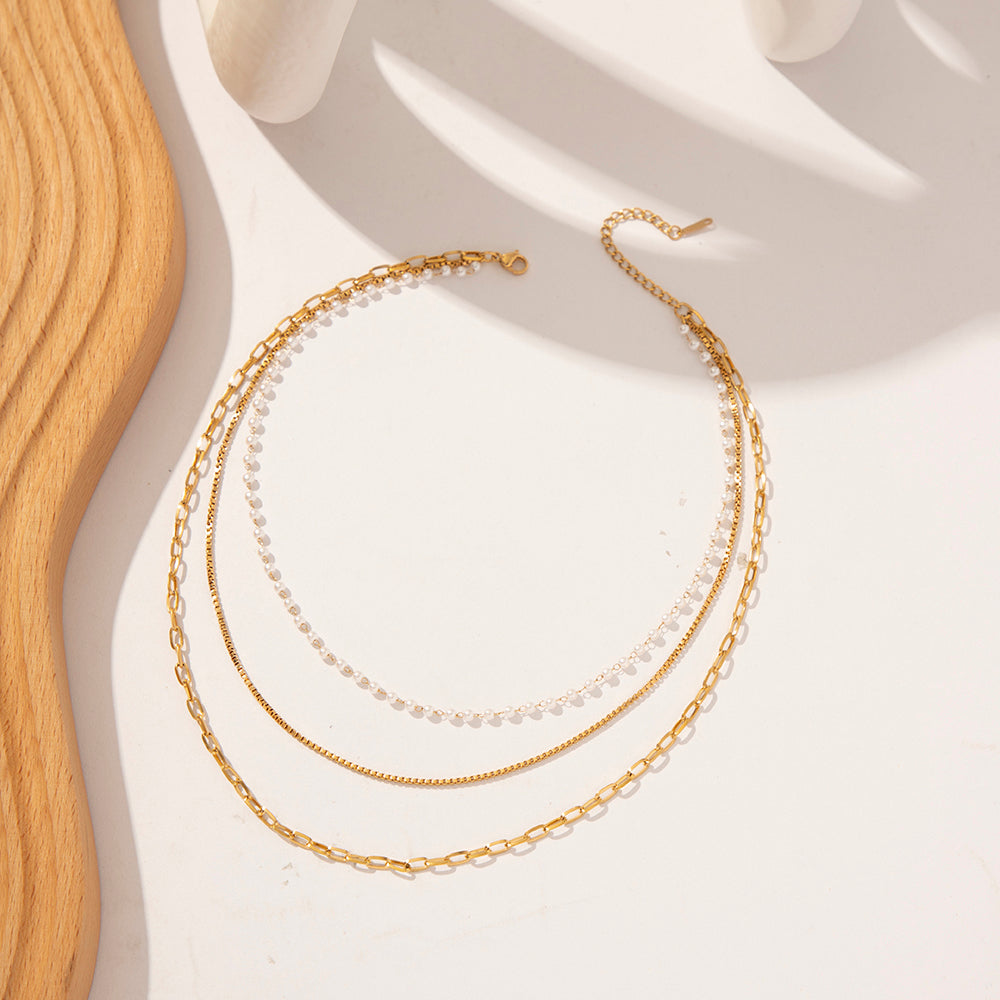 Multi Layer Pearl Beads & Chain Necklace