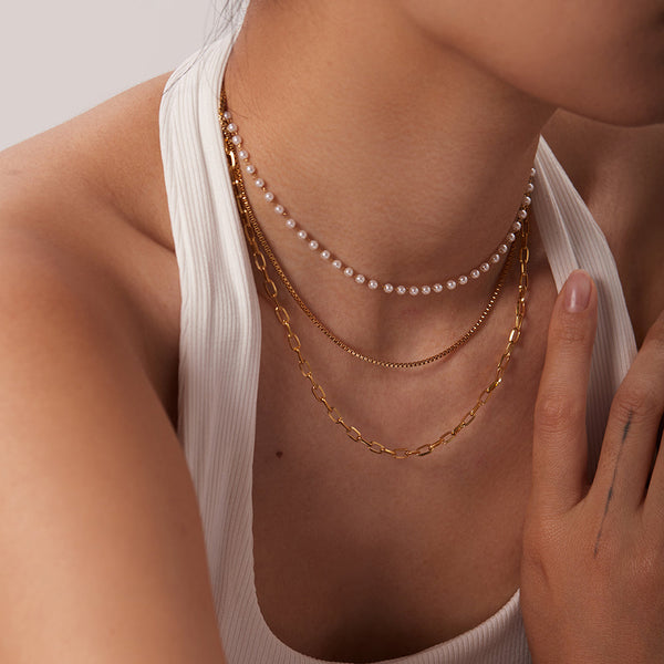 Multi Layer Pearl Beads & Chain Necklace