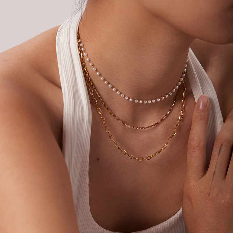 Multi Layer Pearl Beads & Chain Necklace