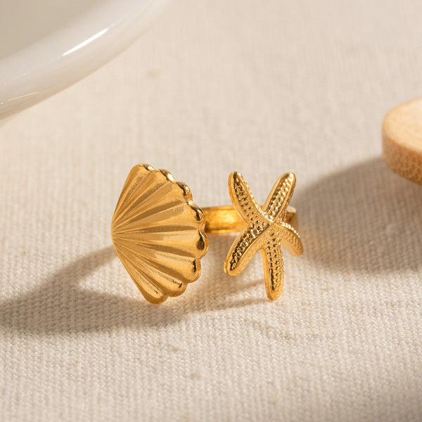 Gold Starfish & Shell Ring