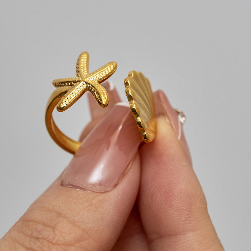 Gold Starfish & Shell Ring