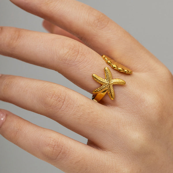 Gold Starfish & Shell Ring